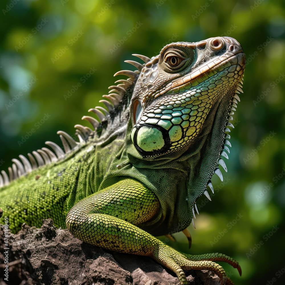 Obraz premium A big green iguana lizard in nature.