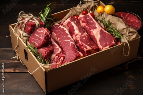 Premium Cuts Unveiled: A Meat Delivery Box Showcasing an Assortment of Meat Chops and Packages, Arranged in a Rustic Wooden Crate