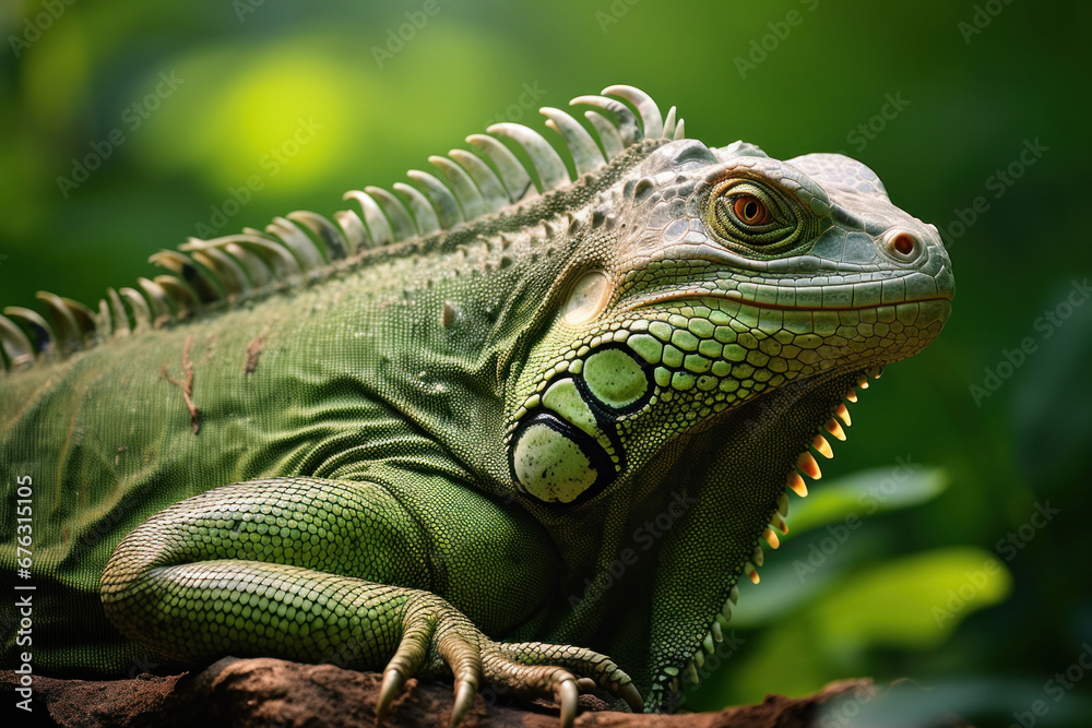 Fototapeta premium A big green iguana lizard in nature.