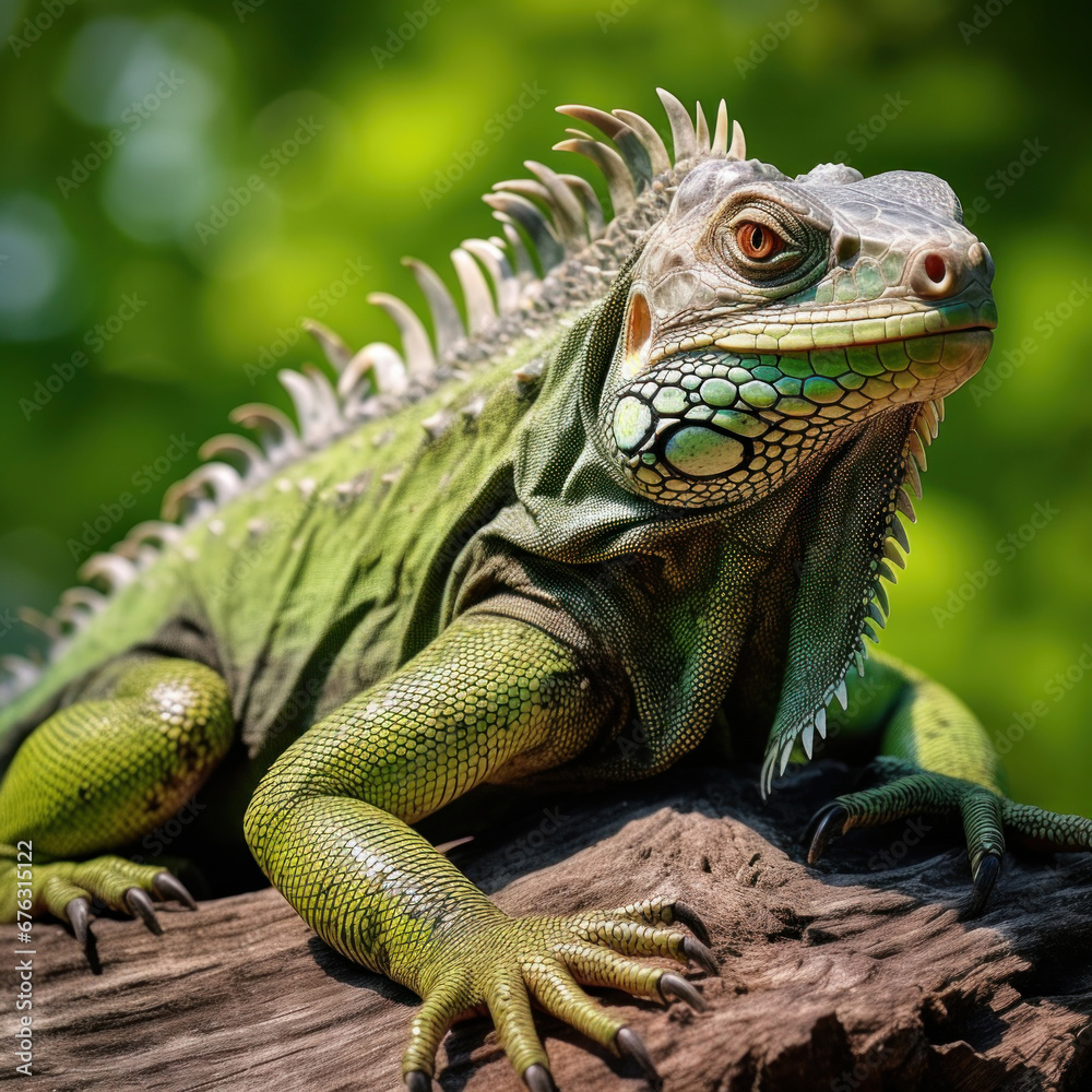 Fototapeta premium A big green iguana lizard in nature.