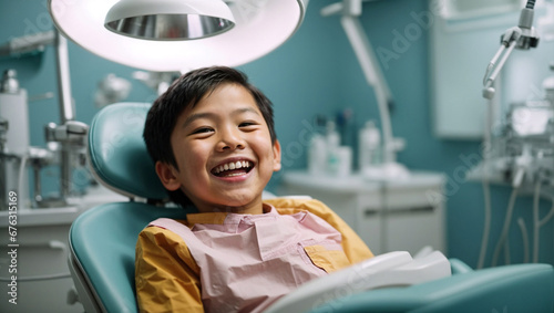 A smiling young asian boy in a dental chair. Examination by a dentist. photo