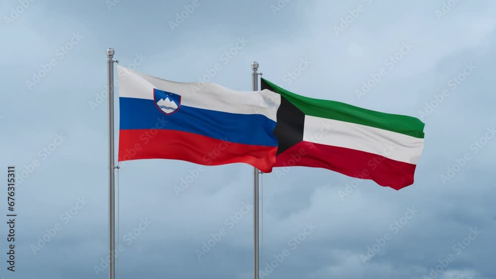 Kuwait and Slovenia flag waving together on cloudy sky, endless seamless loop, two country cooperation concept Kuwait and Slovenia flag waving together on cloudy sky, endless seamless loop, two country cooperation concept