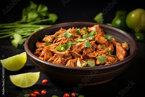Crispy Carnitas Delight: Pork Carnitas Served in a Bowl, Accompanied by Fresh Celery and Zesty Lime Wedges for a Burst of Flavor