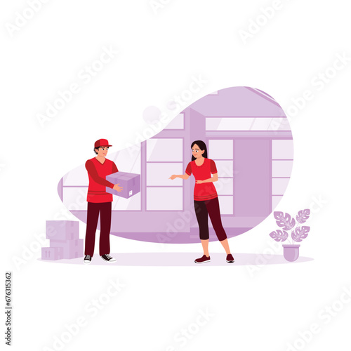 A young man works as an expedition courier. Deliver the package box to the recipient's address. Various occupations people concept. Trend Modern vector flat illustration