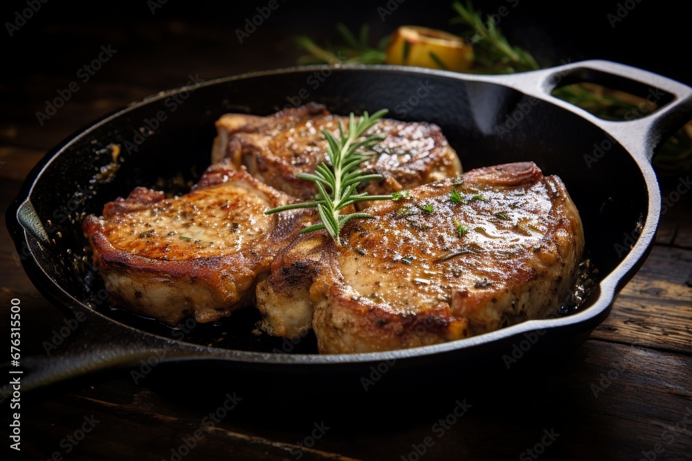 Sizzling Mastery: Juicy Pork Chops Expertly Cooked in a Cast Iron Pan, a Culinary Symphony of Flavor and Texture Sizzling Mastery: Juicy Pork Chops Expertly Cooked in a Cast Iron Pan, a Culinary Symphony of Flavor and Texture