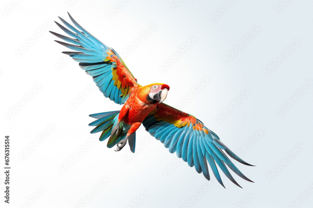 A colorful parrot flying on white background.