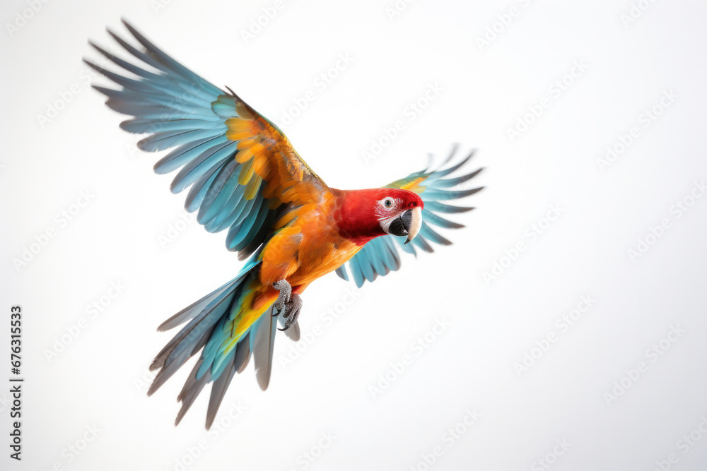 Fototapeta premium A colorful parrot flying on white background.