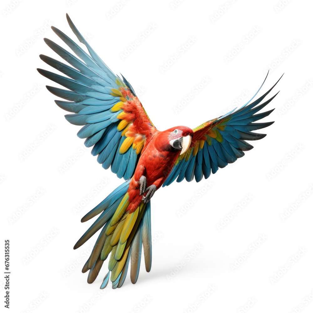 Fototapeta premium A colorful parrot flying on white background.