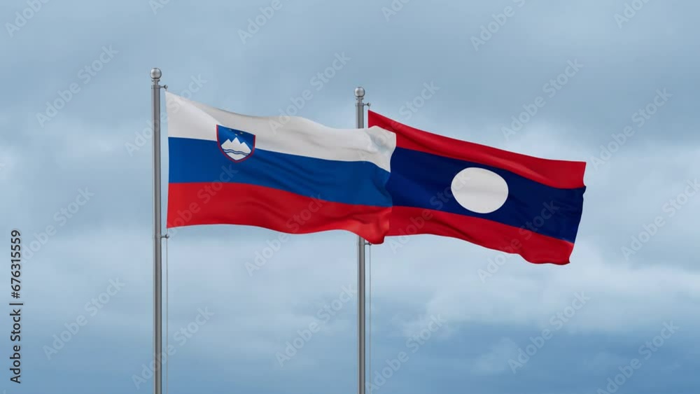 Laos flag and Slovenia flag waving together on cloudy sky, endless seamless loop, two country relations concept Laos flag and Slovenia flag waving together on cloudy sky, endless seamless loop, two country relations concept