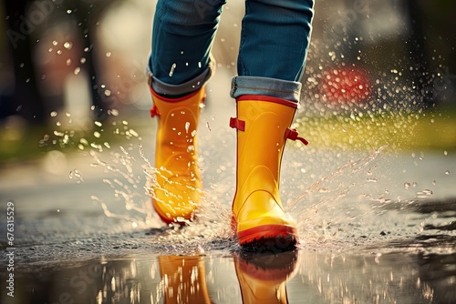 Person walking through puddle after rain. Yellow boots close up. Generative AI photo