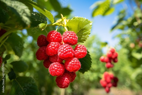 Bounty of Berries  Raspberry Plant Laden with Ripe Red Gems  Sunlit Splendor in a Lush Orchard Setting