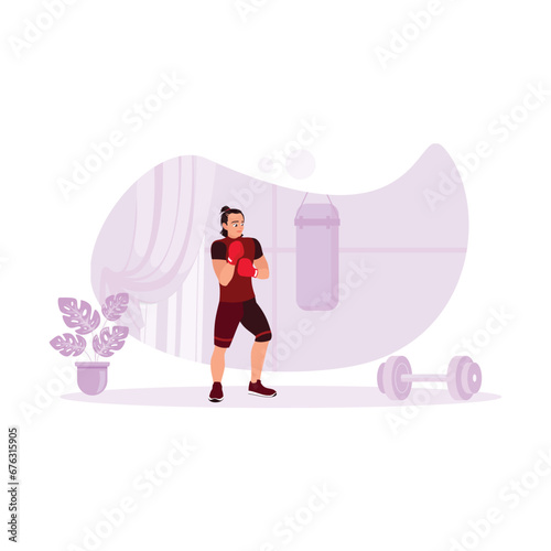 Professional boxer training in a modern gym hall. Muscular athletes with boxing gloves hit the target precisely. Sports athlete concept. Trend Modern vector flat illustration