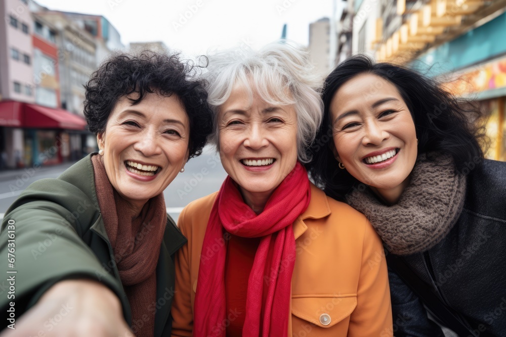 Senior asian family travel together. Portrait of happy elderly mother and adult daughters taking selfie outdoors in historical city.