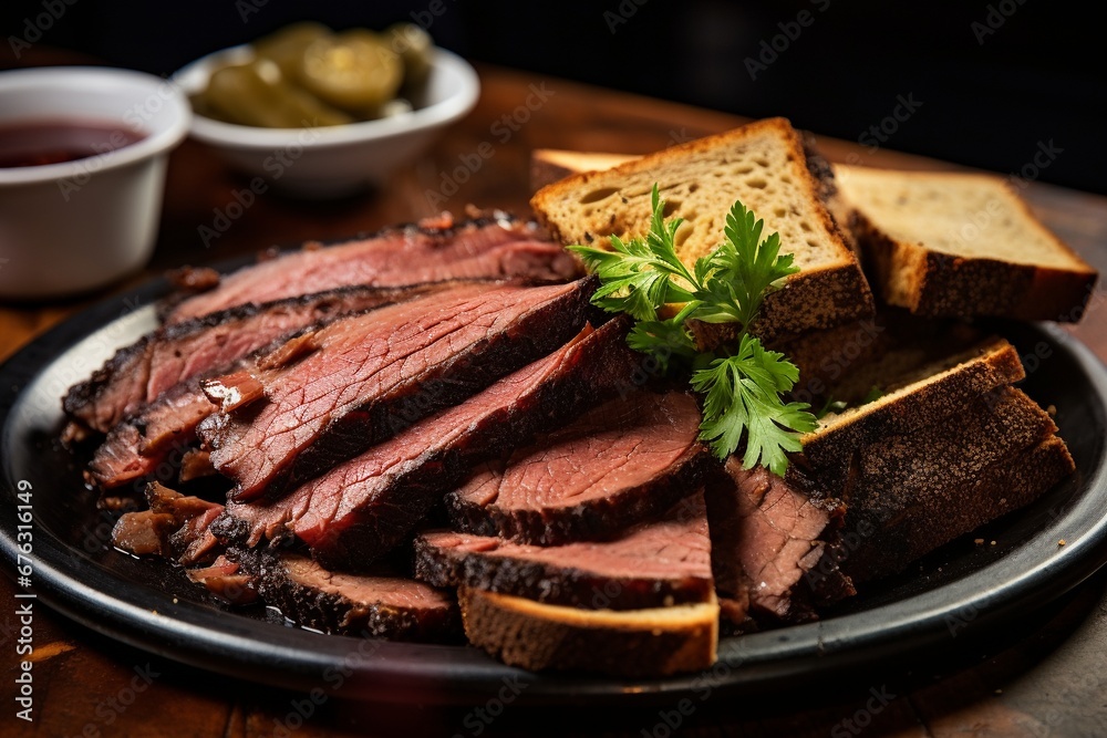 Smoked Perfection: Sliced Beef Brisket Artfully Presented on a Serving Plate, Paired with Toast for a Delectable Culinary Experience Smoked Perfection: Sliced Beef Brisket Artfully Presented on a Serving Plate, Paired with Toast for a Delectable Culinary Experience