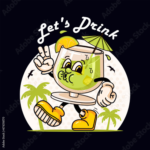 Tequila cocktail walking funny mascot character. Suitable for logos, mascots, t-shirts, stickers and posters
