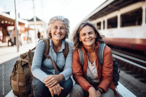 Two happy senior retired women traveling on train together - Aged friends enjoying vacation