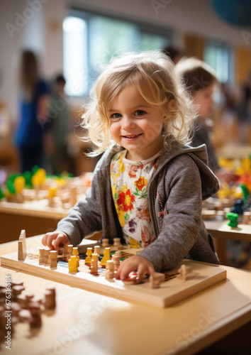 children play in Montessori kindergarten, baby, child, kid, early development, playroom, nursery, primary school, game, fine motor skills, boy, girl, childhood, portrait, face, toddler, room, home photo