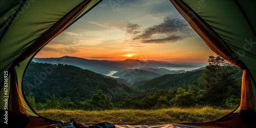 view from a tent in the mountains photo