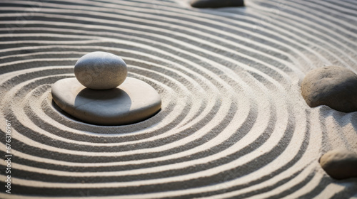Japan  Zen and garden in sand with stone for mindfulness and spirituality. Pattern  pebble and practise for peace  stress free and mental health for religion  tradition  calm  body  mind and soul