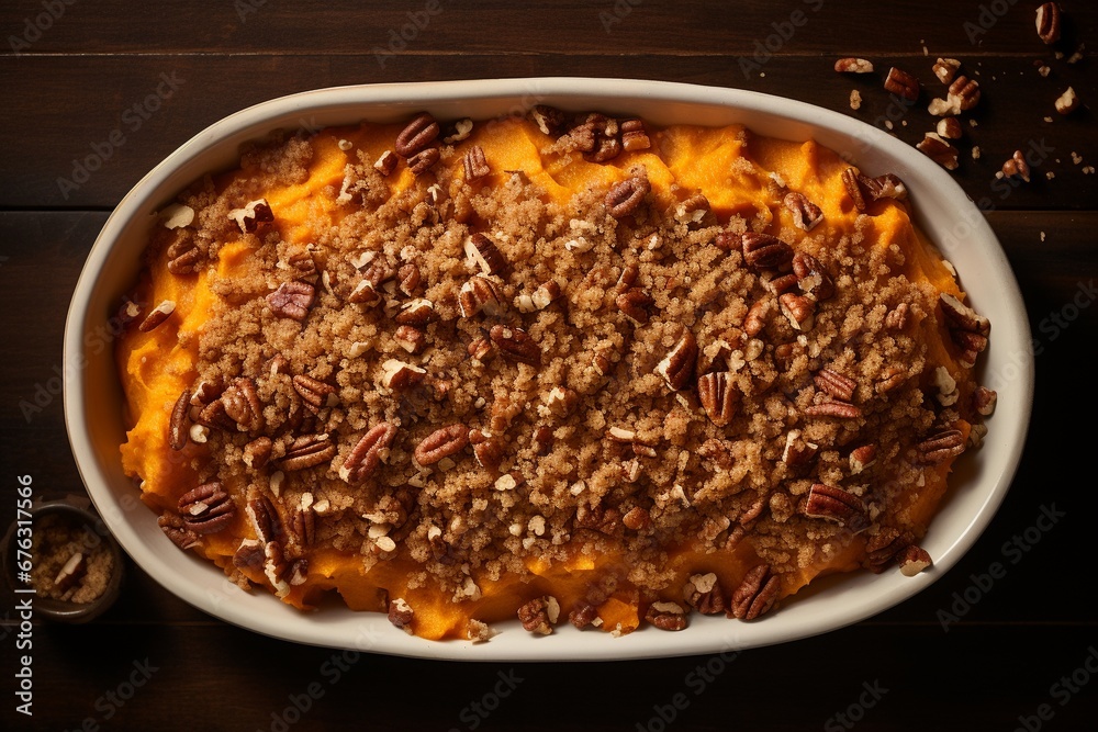 Traditional sweet potato casserole, overhead shot
Traditional sweet potato casserole, overhead shot
