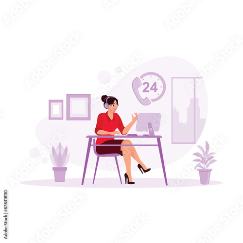 Friendly young woman using a headset while working in a call center. Customer service works 24 hours 7 days. Office concept. Trend Modern vector flat illustration