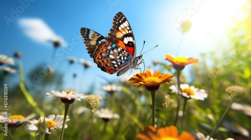 Butterfly with beautiful flowers, nature background with butterflies © CStock
