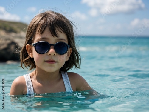 Little girl wearing sunglasses at the beach on a sunny day. Holiday and travel background concept with copy space. © PNG&Background Image