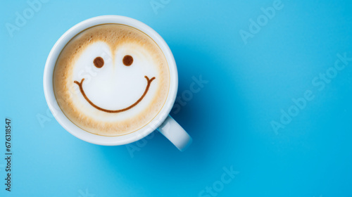 Top view white cup of latte art with a happy smile photo