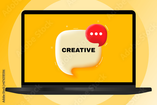 Creative. Speech bubble with text. 3d illustration. Text banner in the modern laptop. Advertising on the computer