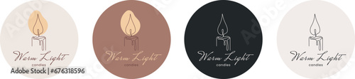 Set of label for handmade candle, the logo in various designs. Candle in minimalistic one line art style. Vector illustration EPS10