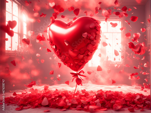 Red heart in the room with red rose petals. 3d rendering. IA generativa