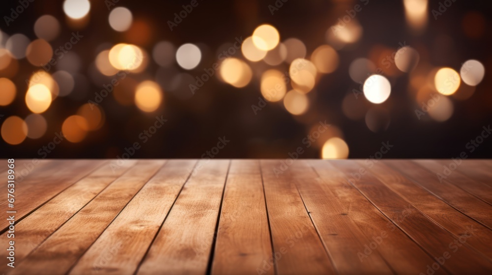 Empty woooden table top with abstract warm living room decor with christmas tree string light blur background