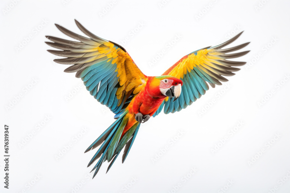 Fototapeta premium A colorful parrot flying on white background.