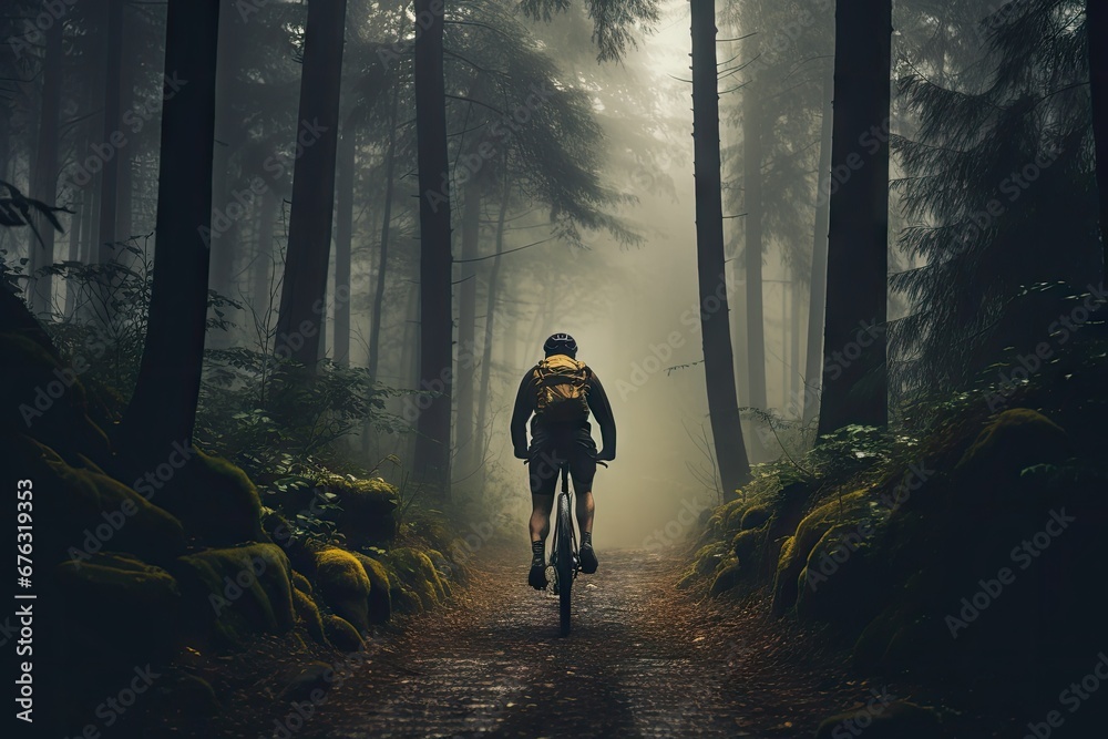 A cyclist ventures through a foggy, winding forest path. A cyclist ventures through a foggy, winding forest path.