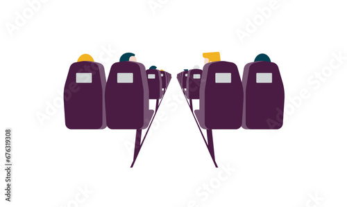 Flat vector of passengers seated in transport interior from rear view. Cabin perspective in airplane, train or bus, ideal for travel, commuting, public transport and mobility concepts.