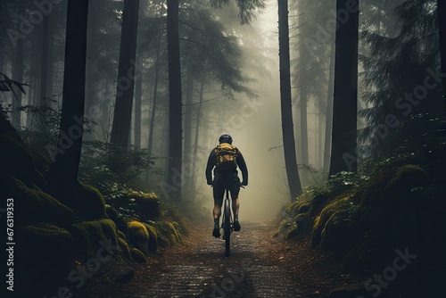 A cyclist ventures through a foggy, winding forest path. © Sebastian Studio
