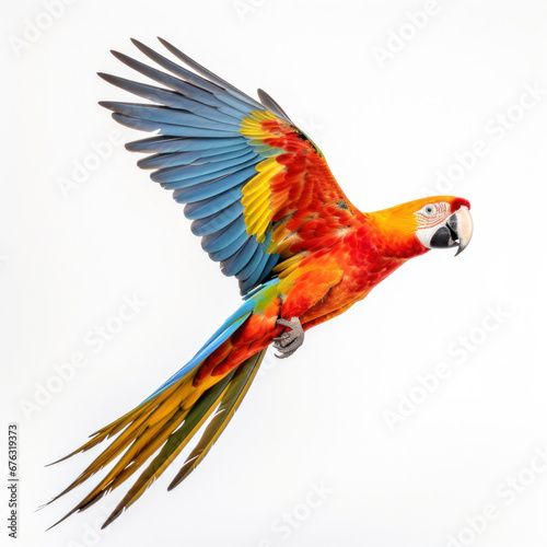 A colorful parrot flying on white background.
