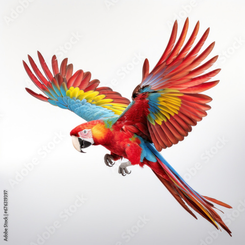 A colorful parrot flying on white background. photo