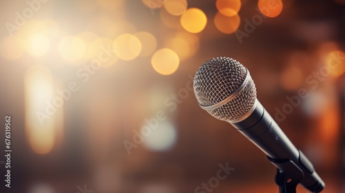 Microphone and bokeh, stage and conference room ,background with graphics