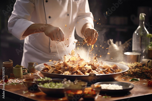 A chef crafting an Asian-inspired dish with Maitake mushrooms in the kitchen, using a variety of spices and ingredients. Levitation.