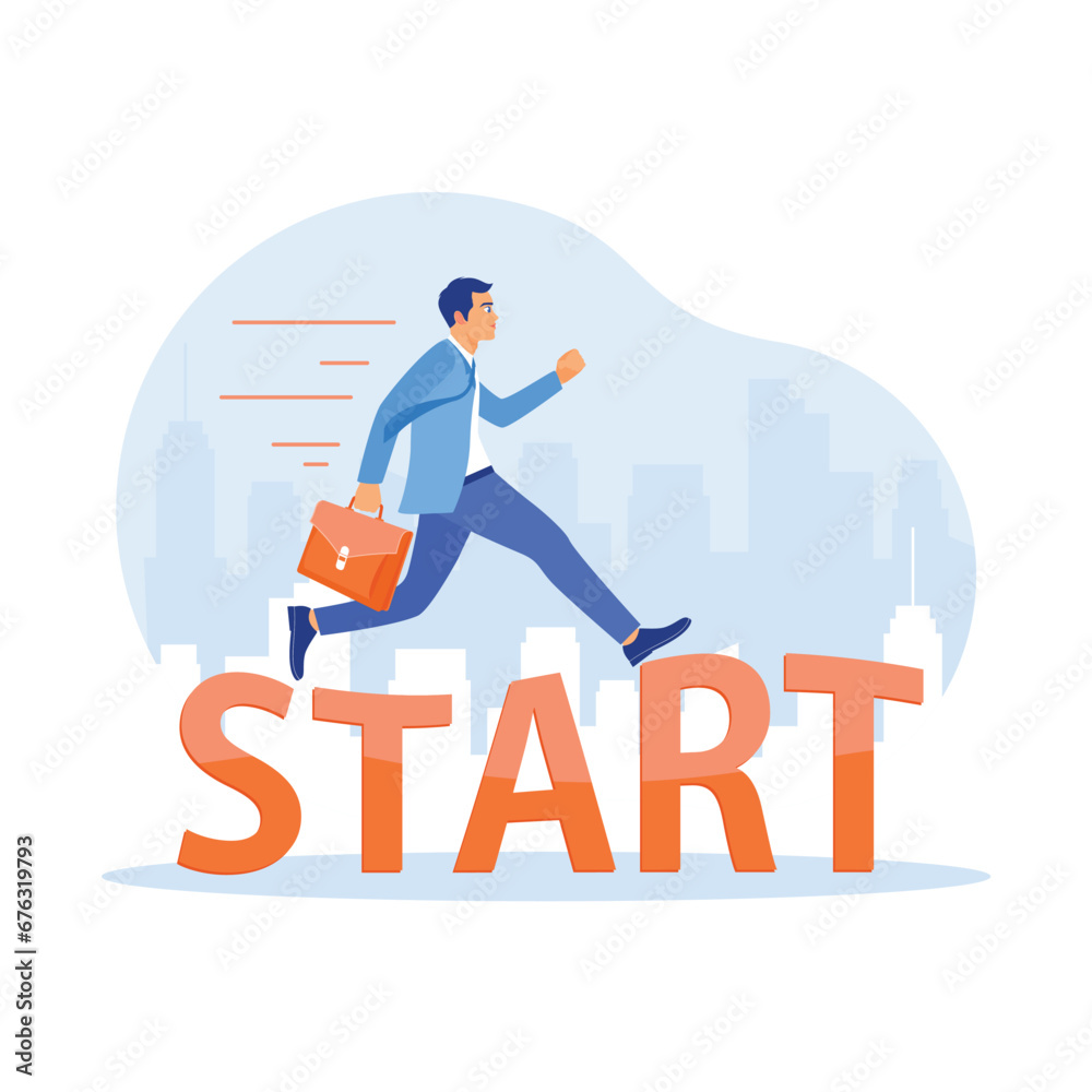 Businessman walks on the word START. Starting a new business idea towards success. Career Development Concept. Trend Modern vector flat illustration Businessman walks on the word START. Starting a new business idea towards success. Career Development Concept. Trend Modern vector flat illustration