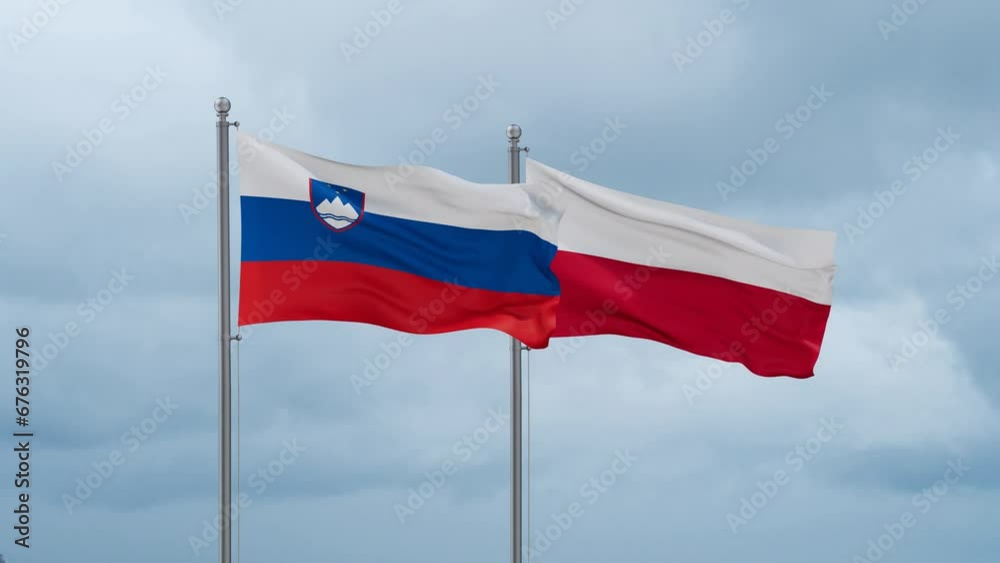 Poland and Slovenia flag waving together on cloudy sky, endless seamless loop, two country cooperation concept Poland and Slovenia flag waving together on cloudy sky, endless seamless loop, two country cooperation concept