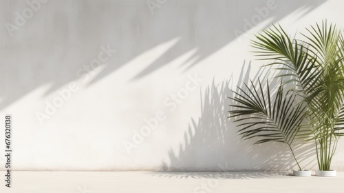  Shadow of palm leaves on white concrete light beige wall