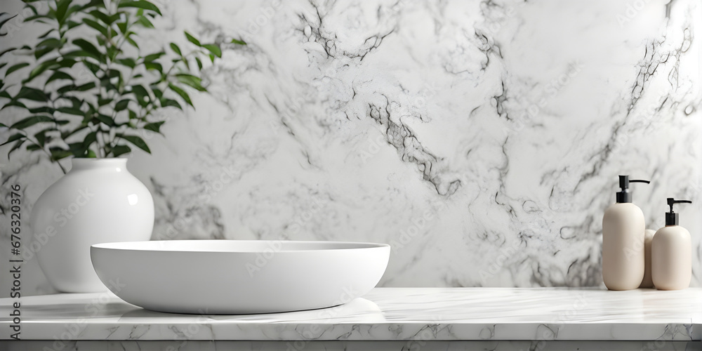 White bathroom interior. Empty marble table top for product display with blurred bathroom interior background. White bathroom interior. Empty marble table top for product display with blurred bathroom interior background.