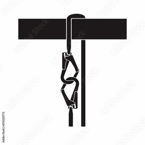Two safety harness hook intertwined black and white vector illustration. Working at height personal protective equipment improper anchorage method. Unsafe condition.