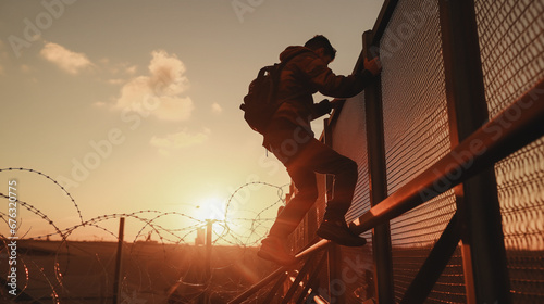 Illegal border crossing by migrant over fence between Mexico and United States, sunset light photo
