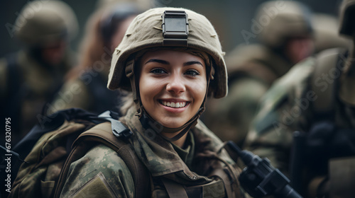 Portrait of smile young woman soldier in uniform background team army. Banner private military mission. © Adin