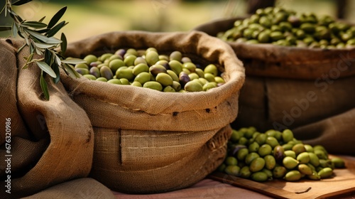 Olives in sacks at olive farm, herbal oil production plant, olives with oil making