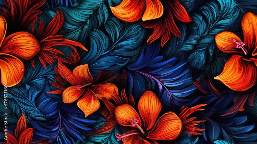 Tropical floral seamless pattern background with exotic flowers, Botanical wallpaper illustration in Hawaiian style Tropical floral seamless pattern background with exotic flowers, Botanical wallpaper illustration in Hawaiian style