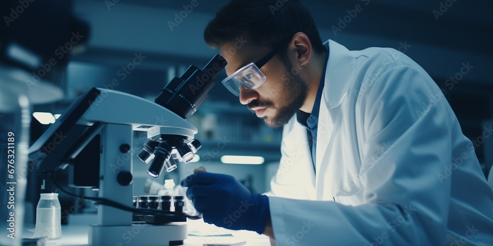 Portrait of a scientist laboratory worker with a microscope Portrait of a scientist laboratory worker with a microscope
